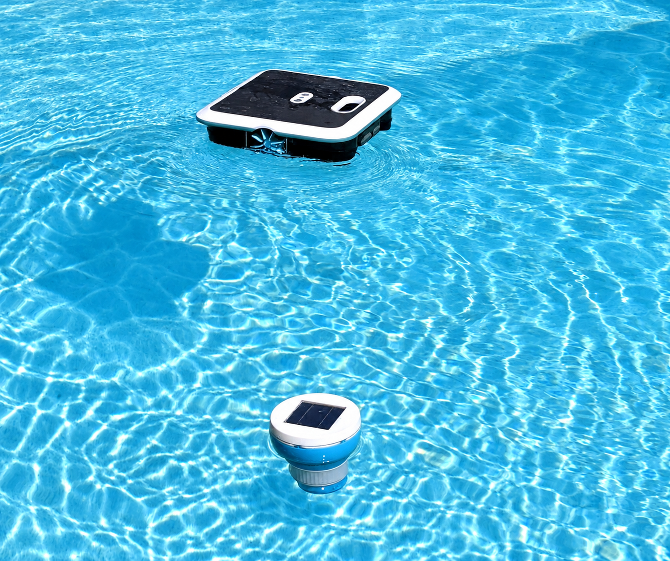 An automatic skimmer and a floating chlorine dispenser together in a backyard pool